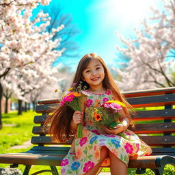 A cute girl with long flowing hair, wearing a colorful summer dress adorned with floral patterns