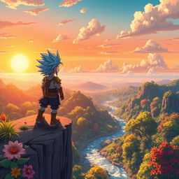 A vibrant anime scene featuring an adventurous young hero standing atop a cliff overlooking a lush, fantastical landscape