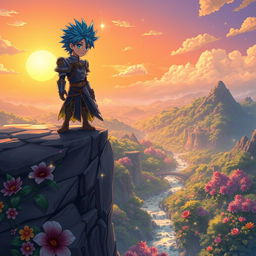 A vibrant anime scene featuring an adventurous young hero standing atop a cliff overlooking a lush, fantastical landscape