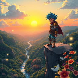 A vibrant anime scene featuring an adventurous young hero standing atop a cliff overlooking a lush, fantastical landscape