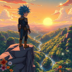 A vibrant anime scene featuring an adventurous young hero standing atop a cliff overlooking a lush, fantastical landscape