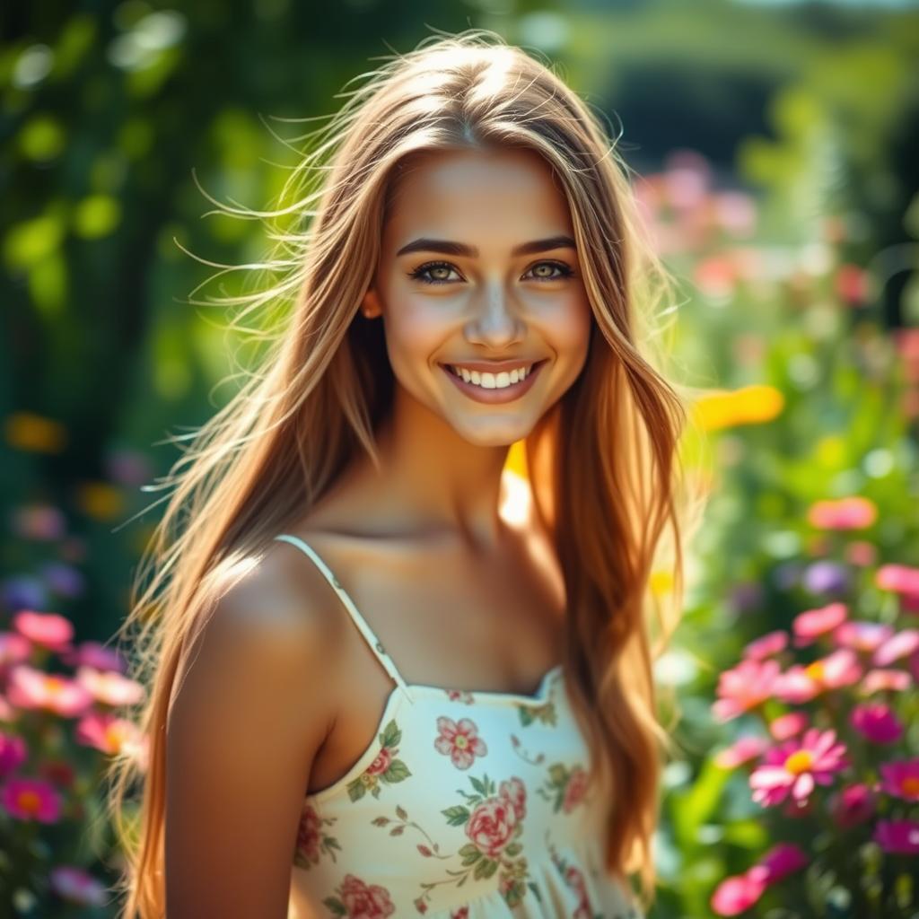 A beautiful young woman with long flowing hair, bright sparkling eyes, and a radiant smile