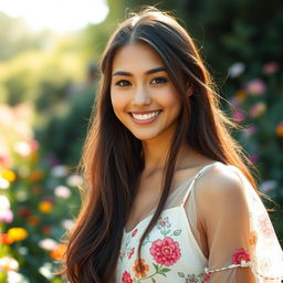 A beautiful young woman with long flowing hair, bright sparkling eyes, and a radiant smile