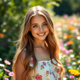 A beautiful young woman with long flowing hair, bright sparkling eyes, and a radiant smile