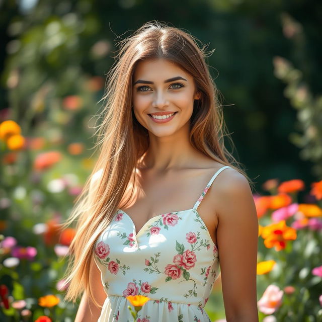 A beautiful young woman with long flowing hair, bright sparkling eyes, and a radiant smile