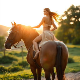 A stunning, artistic representation of a woman resembling Georgina Rodriguez, gracefully posing on a majestic horse in an idyllic outdoor setting