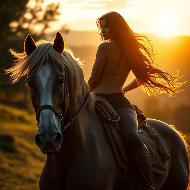 A stunning, artistic representation of a woman resembling Georgina Rodriguez, gracefully posing on a majestic horse in an idyllic outdoor setting