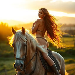 A stunning, artistic representation of a woman resembling Georgina Rodriguez, gracefully posing on a majestic horse in an idyllic outdoor setting
