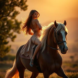 A stunning, artistic representation of a woman resembling Georgina Rodriguez, gracefully posing on a majestic horse in an idyllic outdoor setting