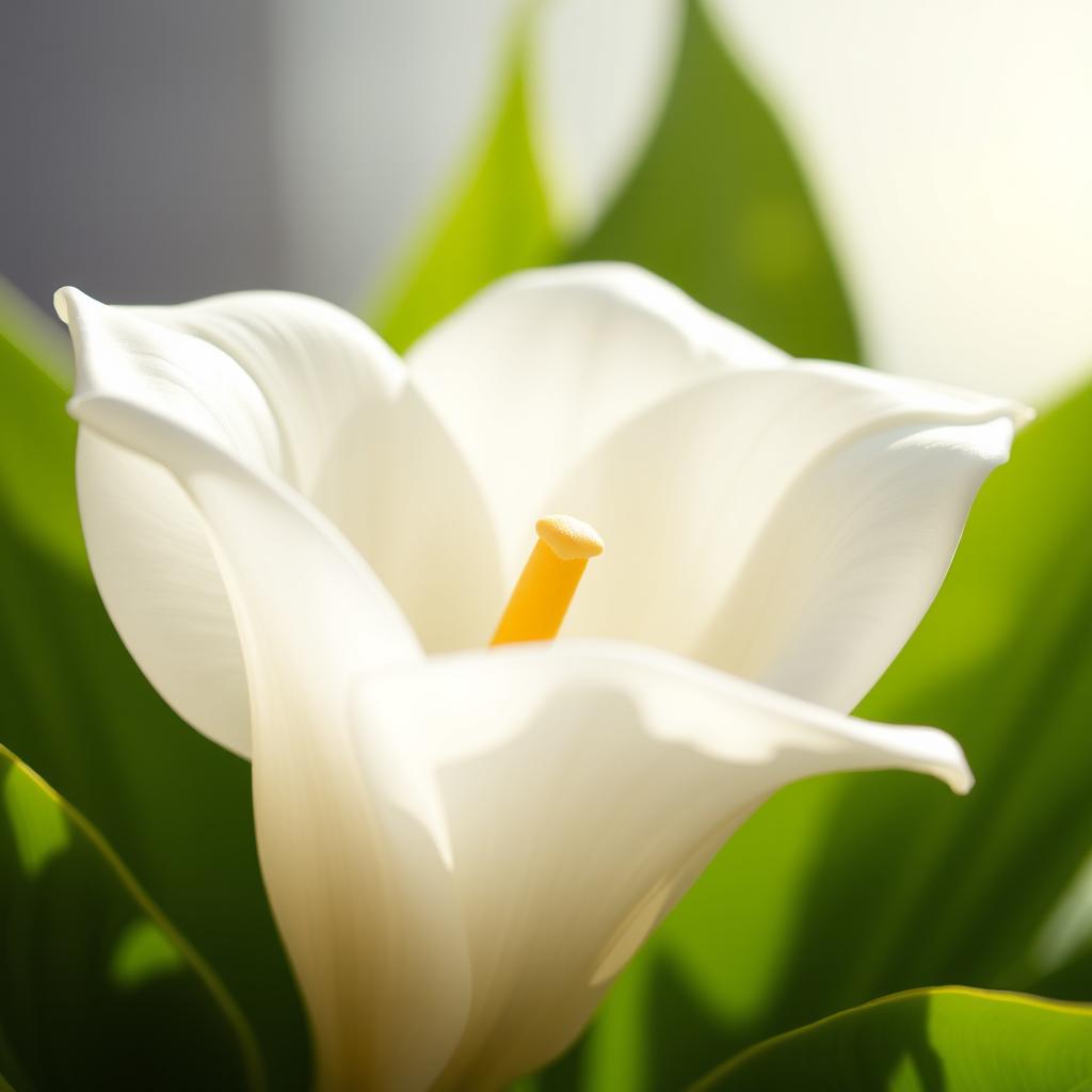 A beautifully detailed close-up of a delicate, soft, and elegantly shaped flower, resembling the form of a white lily, with velvety petals gleaming in soft sunlight