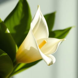 A beautifully detailed close-up of a delicate, soft, and elegantly shaped flower, resembling the form of a white lily, with velvety petals gleaming in soft sunlight