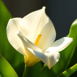 A beautifully detailed close-up of a delicate, soft, and elegantly shaped flower, resembling the form of a white lily, with velvety petals gleaming in soft sunlight