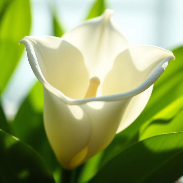 A beautifully detailed close-up of a delicate, soft, and elegantly shaped flower, resembling the form of a white lily, with velvety petals gleaming in soft sunlight