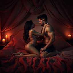 A sultry, intimate bedroom scene featuring a luxurious bed adorned with lush fabrics