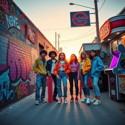 A vibrant 90s themed street scene, showcasing colorful graffiti on brick walls, a group of friends wearing iconic 90s fashion such as oversized jackets, high-waisted jeans, and colorful sneakers