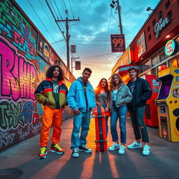 A vibrant 90s themed street scene, showcasing colorful graffiti on brick walls, a group of friends wearing iconic 90s fashion such as oversized jackets, high-waisted jeans, and colorful sneakers