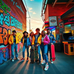 A vibrant 90s themed street scene, showcasing colorful graffiti on brick walls, a group of friends wearing iconic 90s fashion such as oversized jackets, high-waisted jeans, and colorful sneakers