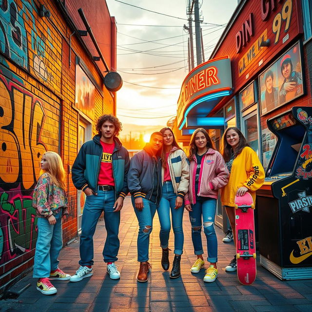 A vibrant 90s themed street scene, showcasing colorful graffiti on brick walls, a group of friends wearing iconic 90s fashion such as oversized jackets, high-waisted jeans, and colorful sneakers