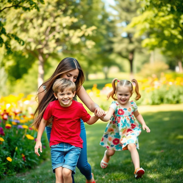 A warm and heartwarming scene of a mother lovingly interacting with her son and daughter in a bright, cheerful park