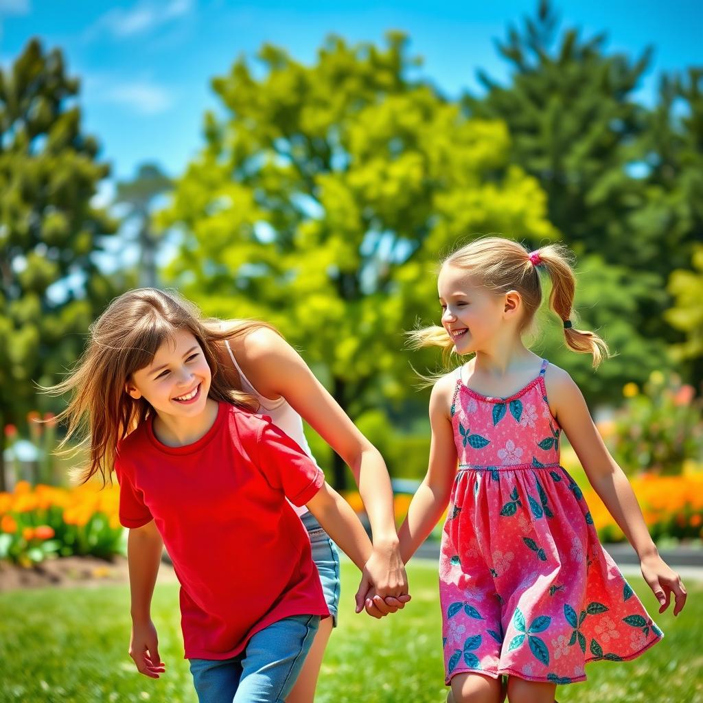 A warm and heartwarming scene of a mother lovingly interacting with her son and daughter in a bright, cheerful park