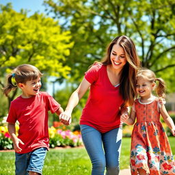 A warm and heartwarming scene of a mother lovingly interacting with her son and daughter in a bright, cheerful park