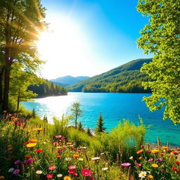 A vibrant and colorful background for a photo featuring a picturesque nature scene with lush green forests, a clear blue sky, and a sparkling lake