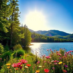 A vibrant and colorful background for a photo featuring a picturesque nature scene with lush green forests, a clear blue sky, and a sparkling lake
