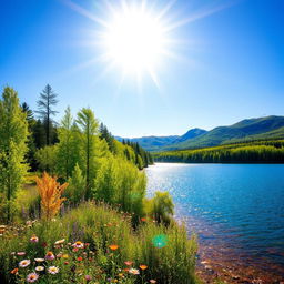 A vibrant and colorful background for a photo featuring a picturesque nature scene with lush green forests, a clear blue sky, and a sparkling lake