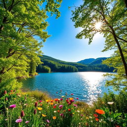 A vibrant and colorful background for a photo featuring a picturesque nature scene with lush green forests, a clear blue sky, and a sparkling lake