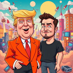 A surreal and humorous depiction of Donald Trump and Elon Musk in a vibrant, cartoonish style