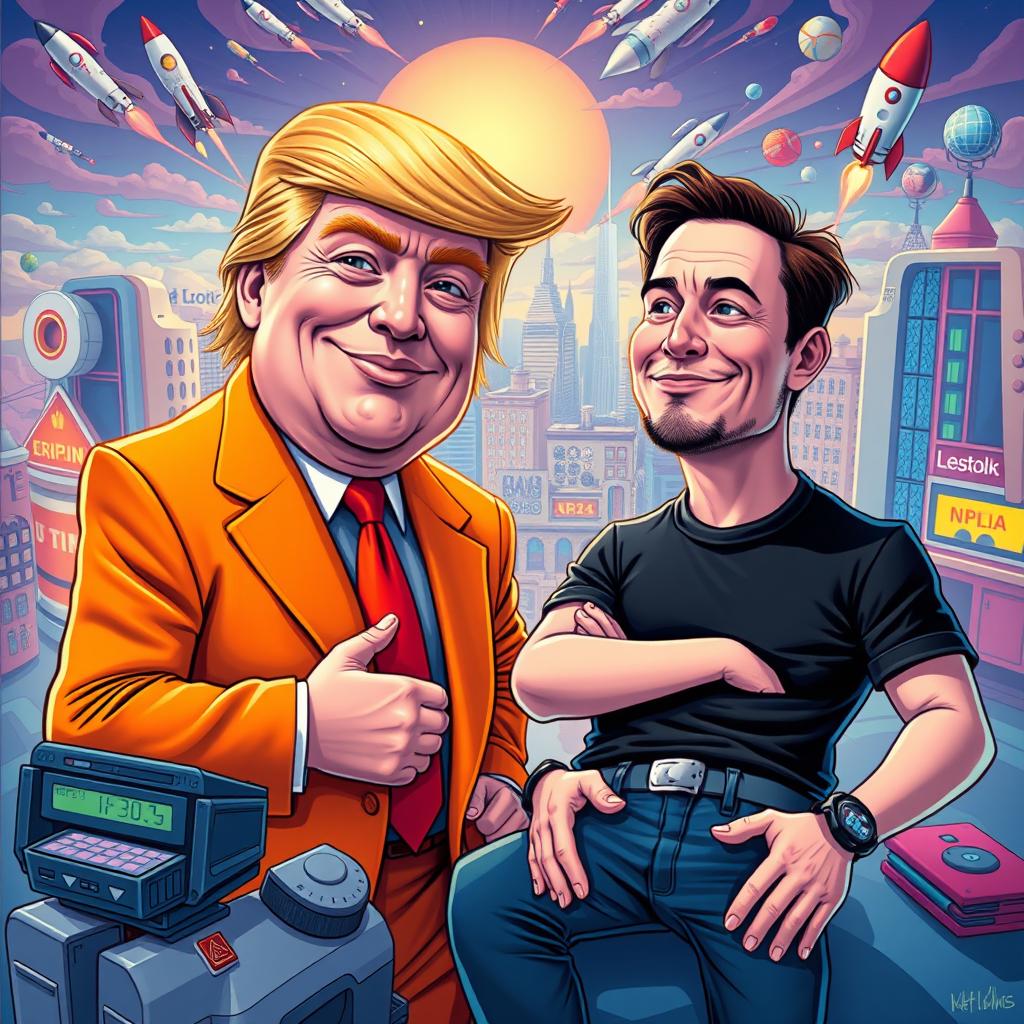 A surreal and humorous depiction of Donald Trump and Elon Musk in a vibrant, cartoonish style