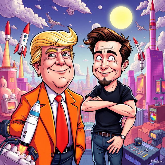 A surreal and humorous depiction of Donald Trump and Elon Musk in a vibrant, cartoonish style