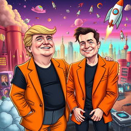 A surreal and humorous depiction of Donald Trump and Elon Musk in a vibrant, cartoonish style