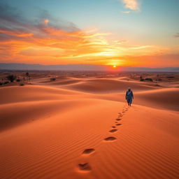 A stunning desert landscape during sunset, showcasing expansive sand dunes with gentle rolling waves, painted in a blend of deep oranges, reds, and purples