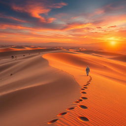 A stunning desert landscape during sunset, showcasing expansive sand dunes with gentle rolling waves, painted in a blend of deep oranges, reds, and purples