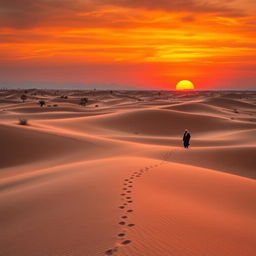 A stunning desert landscape during sunset, showcasing expansive sand dunes with gentle rolling waves, painted in a blend of deep oranges, reds, and purples