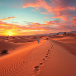 A stunning desert landscape during sunset, showcasing expansive sand dunes with gentle rolling waves, painted in a blend of deep oranges, reds, and purples
