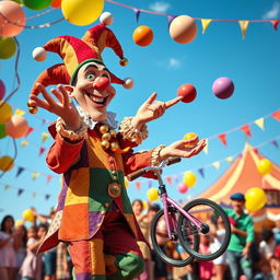 A whimsical scene of a jester, dressed in a colorful patchwork costume with bells, playfully juggling a variety of objects, including balls, clubs, and a small unicycle