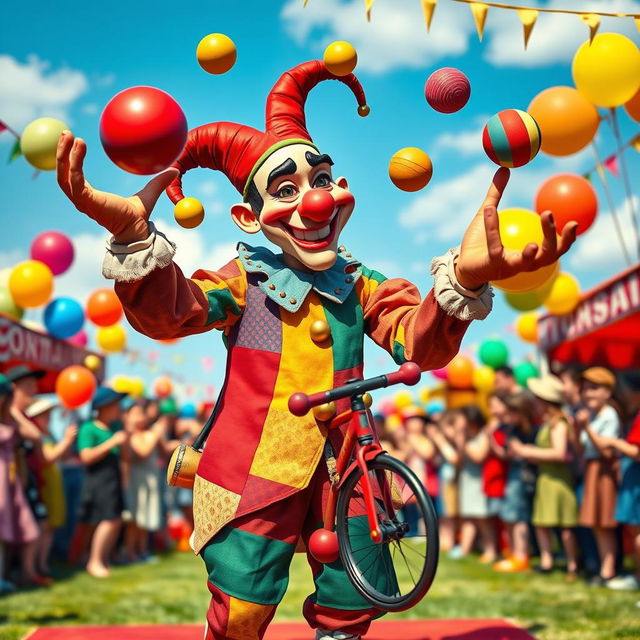 A whimsical scene of a jester, dressed in a colorful patchwork costume with bells, playfully juggling a variety of objects, including balls, clubs, and a small unicycle