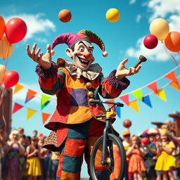 A whimsical scene of a jester, dressed in a colorful patchwork costume with bells, playfully juggling a variety of objects, including balls, clubs, and a small unicycle