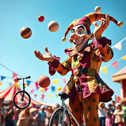 A whimsical scene of a jester, dressed in a colorful patchwork costume with bells, playfully juggling a variety of objects, including balls, clubs, and a small unicycle