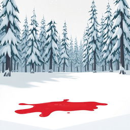 A snowy forest scene depicting a serene winter landscape with tall pine trees blanketed in white snow