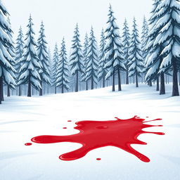 A snowy forest scene depicting a serene winter landscape with tall pine trees blanketed in white snow
