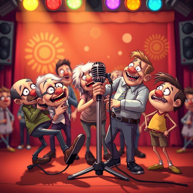 A chaotic scene featuring a group of quirky, cartoonish characters, all appearing comically inept as they bumble around a microphone on stage