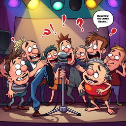 A chaotic scene featuring a group of quirky, cartoonish characters, all appearing comically inept as they bumble around a microphone on stage