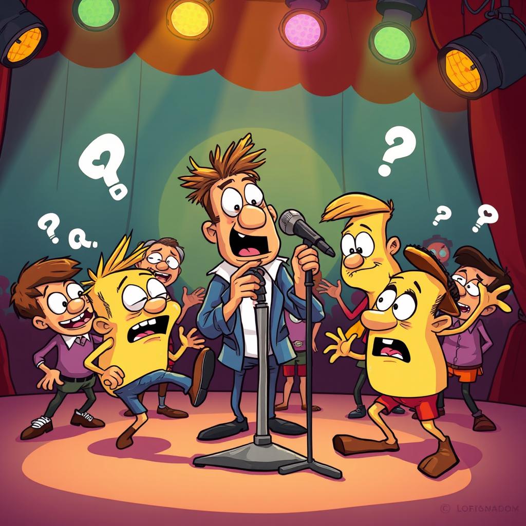 A chaotic scene featuring a group of quirky, cartoonish characters, all appearing comically inept as they bumble around a microphone on stage