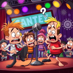 A chaotic scene featuring a group of quirky, cartoonish characters, all appearing comically inept as they bumble around a microphone on stage