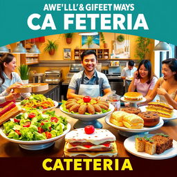 A vibrant and inviting advertisement for a cafeteria, showcasing a variety of delicious dishes including fresh salads, hearty sandwiches, and colorful desserts displayed appealingly