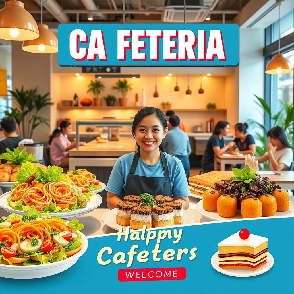 A vibrant and inviting advertisement for a cafeteria, showcasing a variety of delicious dishes including fresh salads, hearty sandwiches, and colorful desserts displayed appealingly