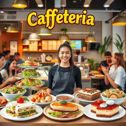 A vibrant and inviting advertisement for a cafeteria, showcasing a variety of delicious dishes including fresh salads, hearty sandwiches, and colorful desserts displayed appealingly